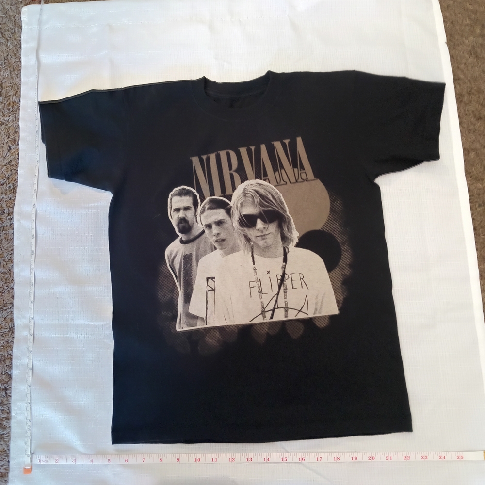 NIRVANA 2000s Black Tee with Tan Graphic Kurt Cobain Dave Grohl Krist Novoselic